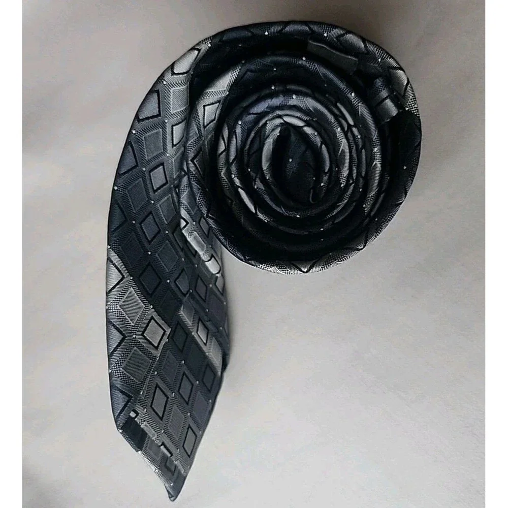 Calvin Klein 100% Silk Tie Gray And Black Checked Stripes. Timeless Piece.